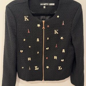 Karl Lagerfeld Paris Black Tweed Charm Zip Blazer – NWOT size 6